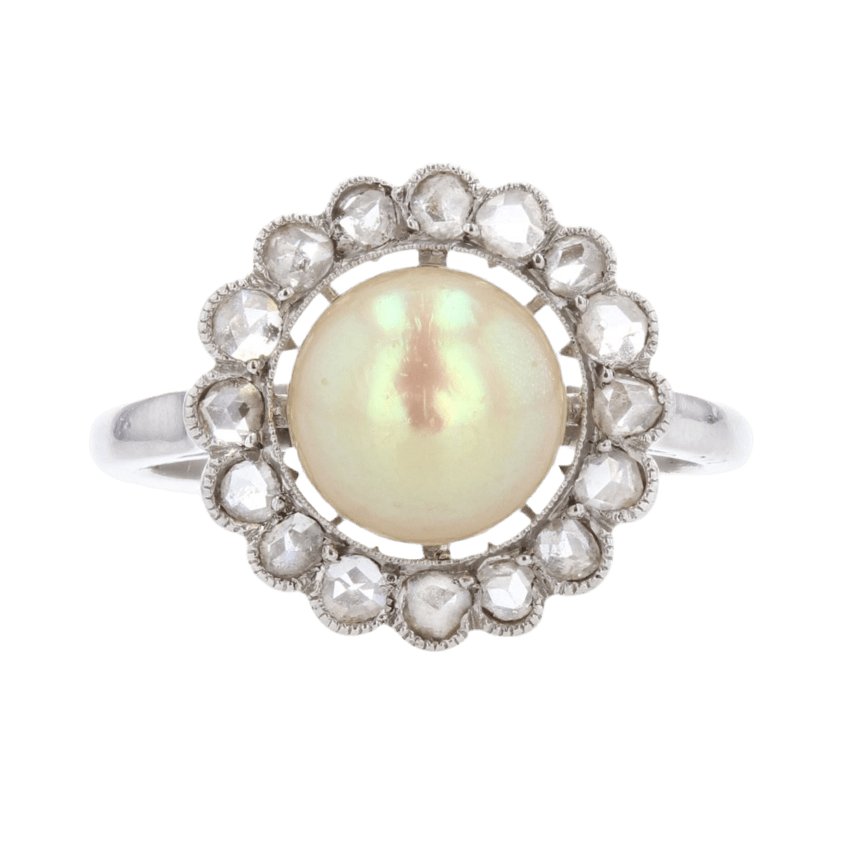 Bague Entourage en platine, perle et diamants - Castafiore