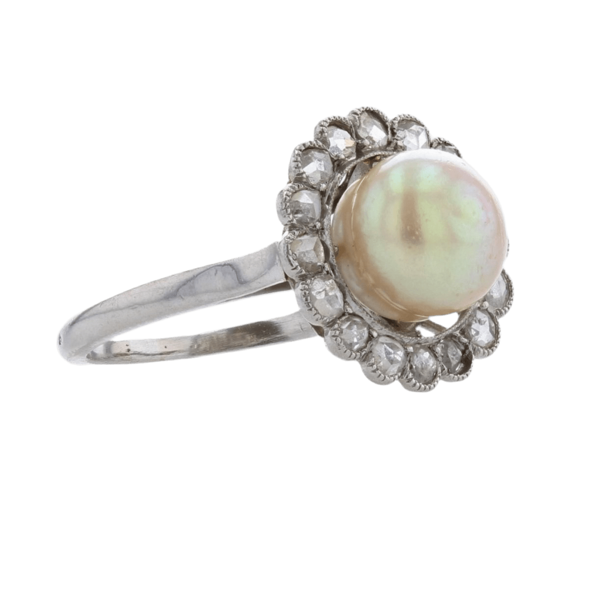 Bague Entourage en platine, perle et diamants - Castafiore