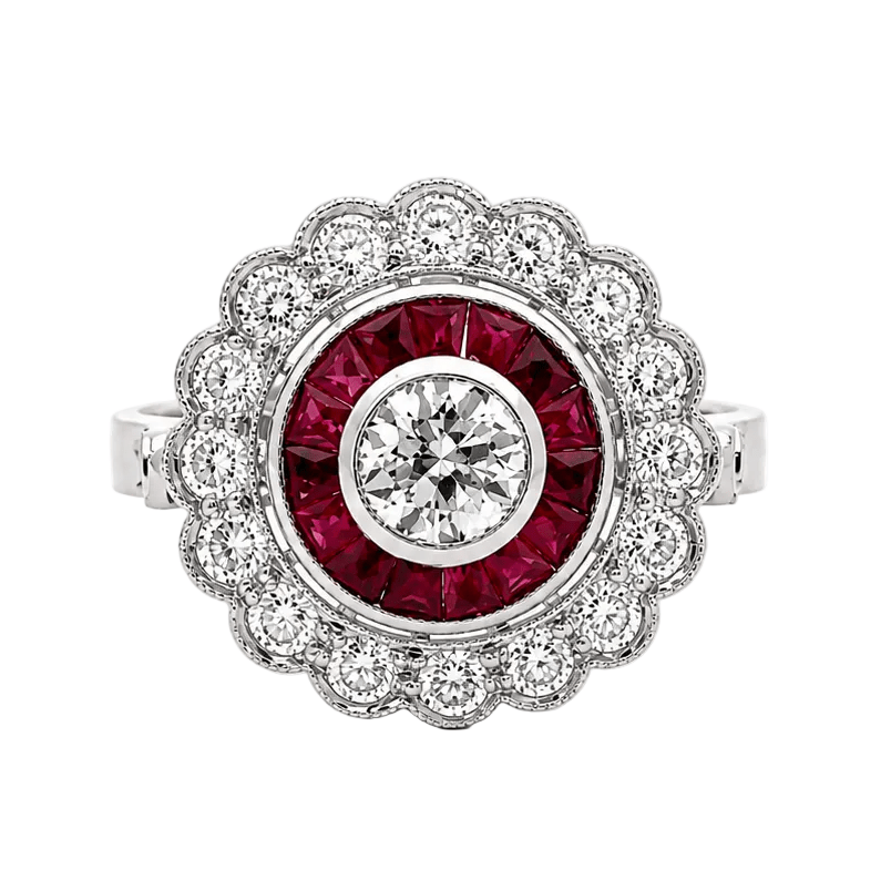 Bague Entourage en platine, rubis et diamants - Castafiore