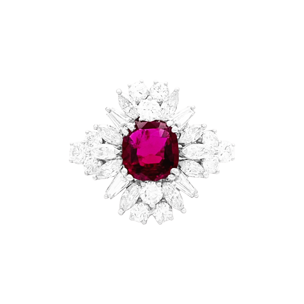 Bague Entourage en platine, rubis et diamants - Castafiore