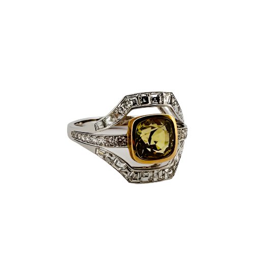 Bague entourage en saphir jaune, diamant et or blanc - Castafiore