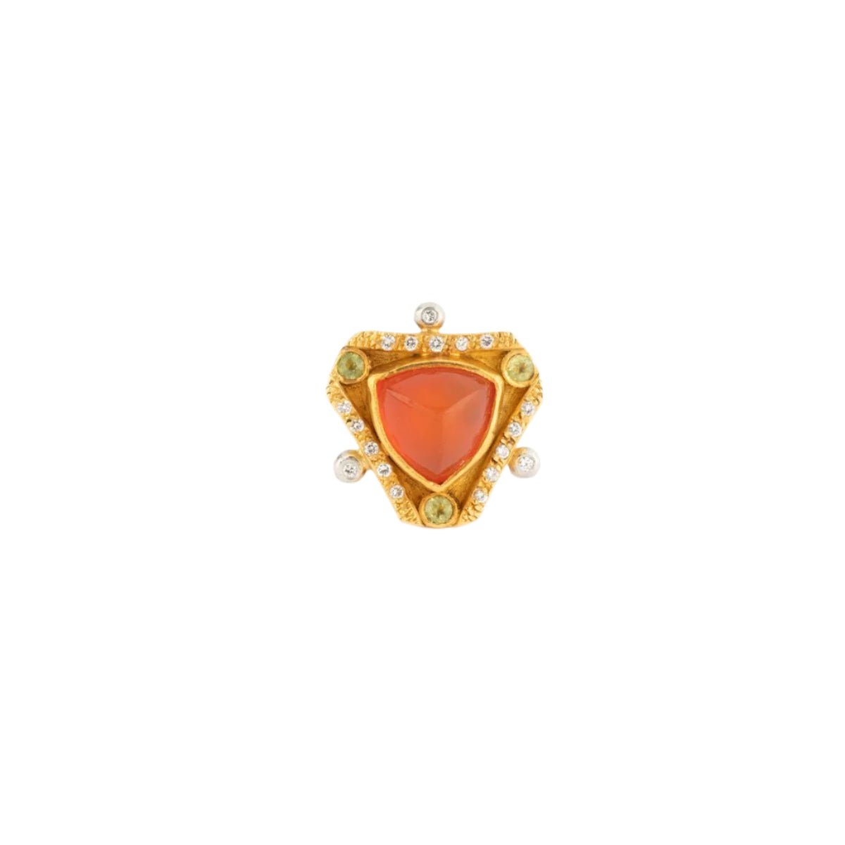 Bague Entourage Étrusque en or jaune, opale de feu, péridots et diamants - Castafiore