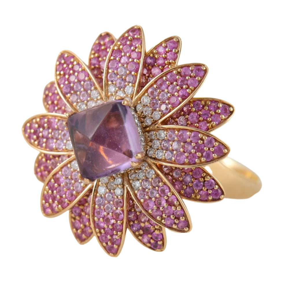 Bague Fleur en Or, Améthyste, Diamants et Saphirs Roses - Castafiore