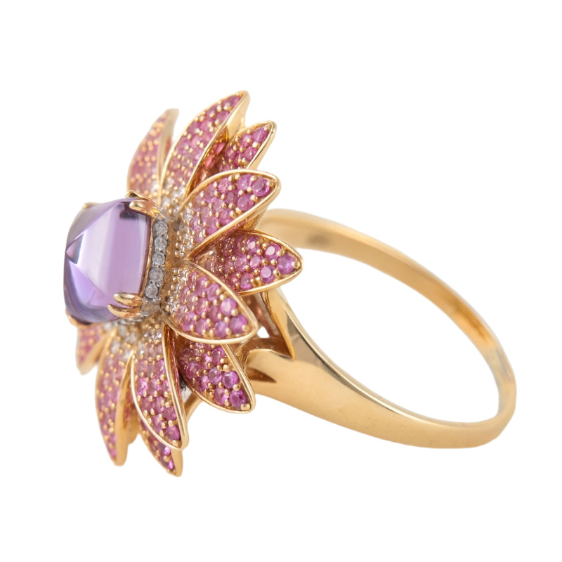 Bague Fleur en Or, Améthyste, Diamants et Saphirs Roses - Castafiore