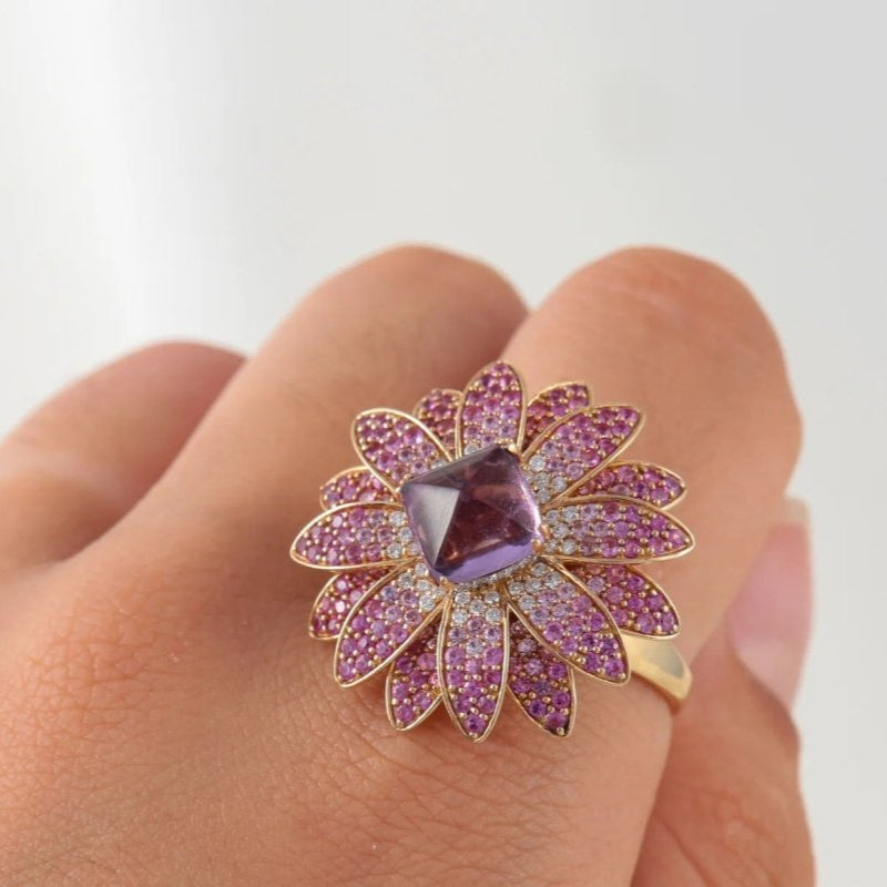 Bague Fleur en Or, Améthyste, Diamants et Saphirs Roses - Castafiore