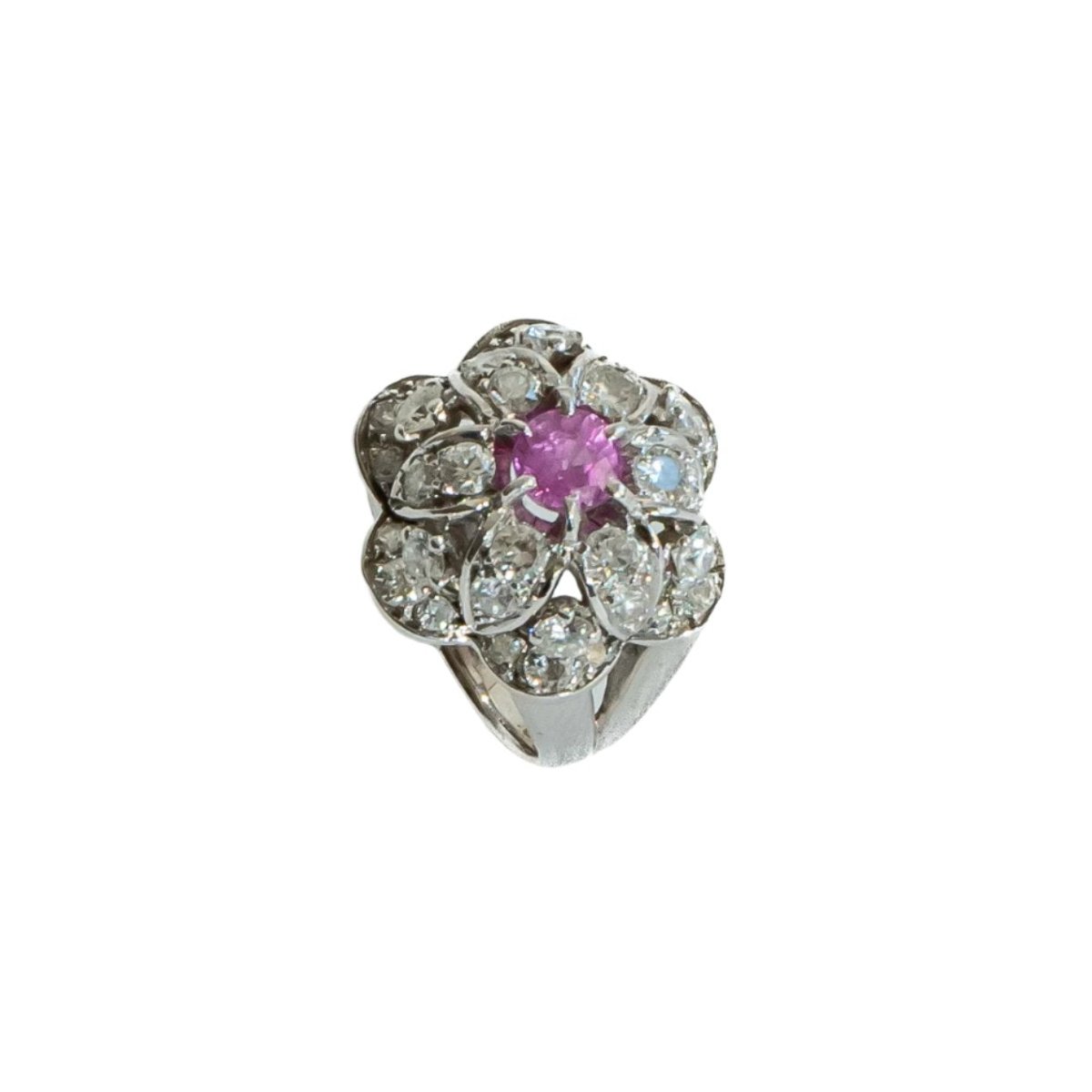 Bague Fleur en or blanc, saphir rose et diamants - Castafiore