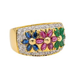 Bague "Fleur" en or jaune, rubis, saphirs, émeraudes et diamants - Castafiore