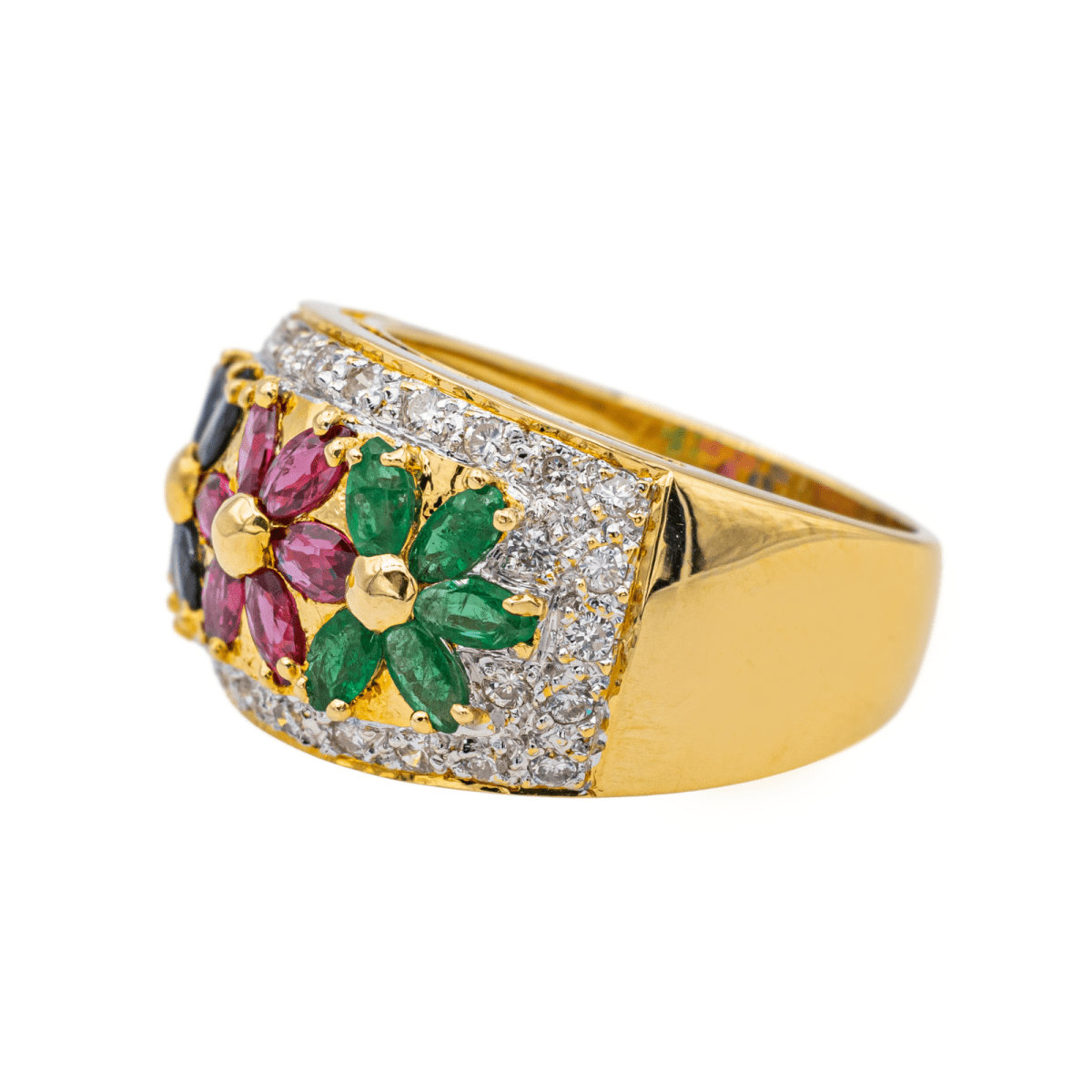 Bague "Fleur" en or jaune, rubis, saphirs, émeraudes et diamants - Castafiore