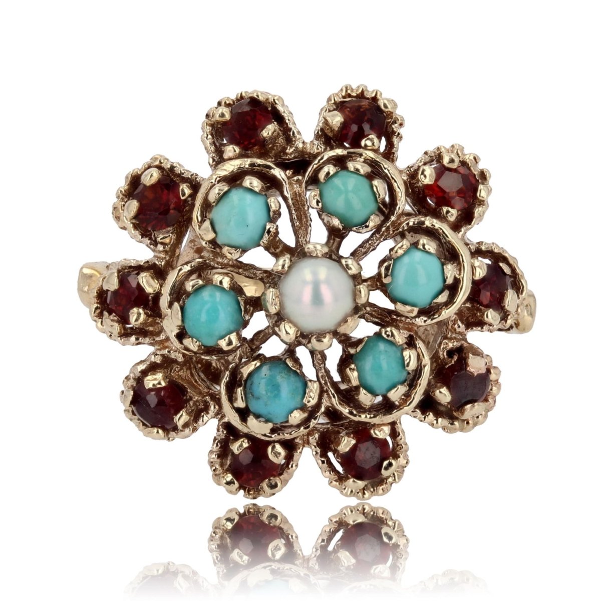 Bague fleur or jaune citrines turquoises perles - Castafiore