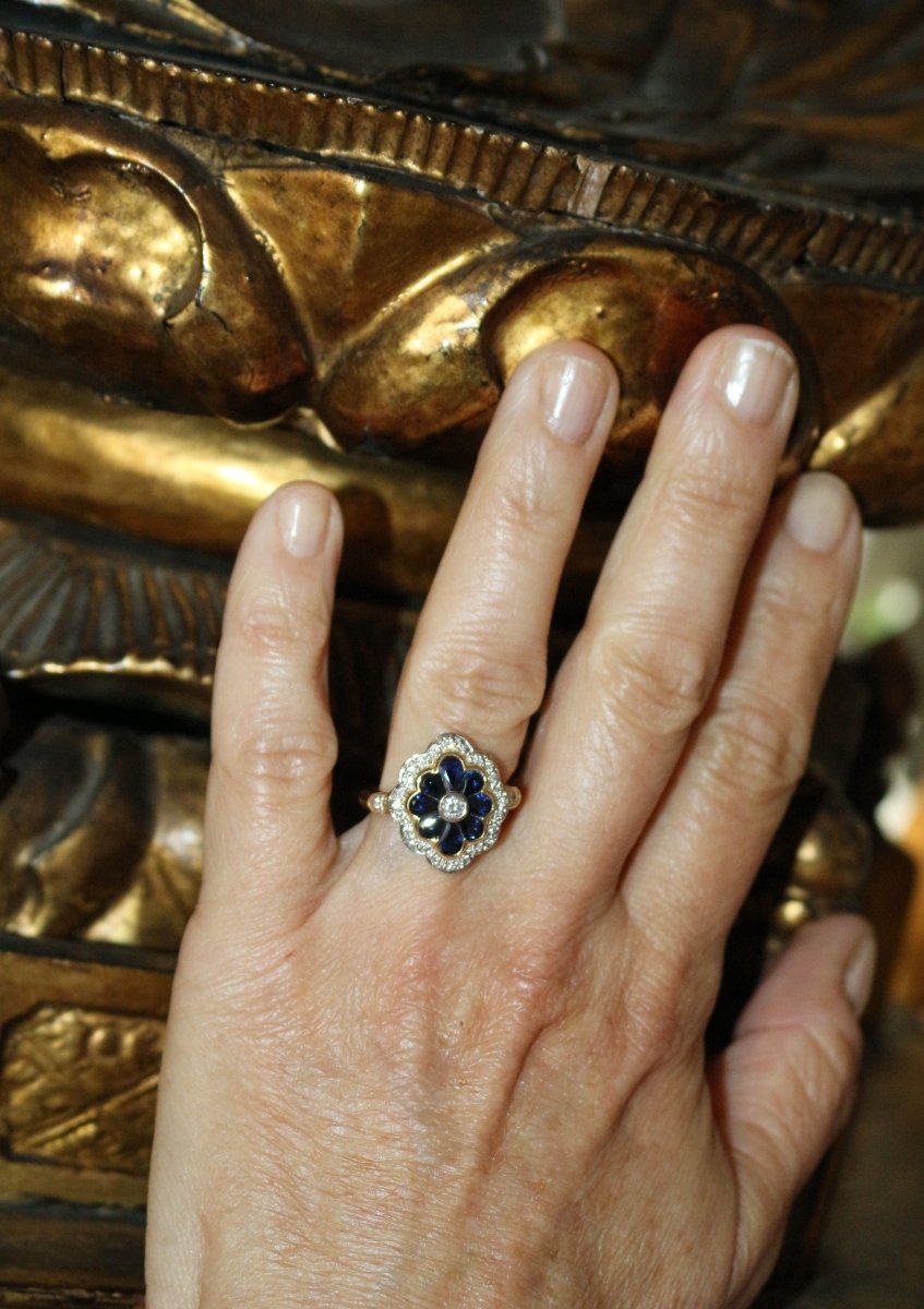 Bague Fleur or jaune saphirs diamants - Castafiore