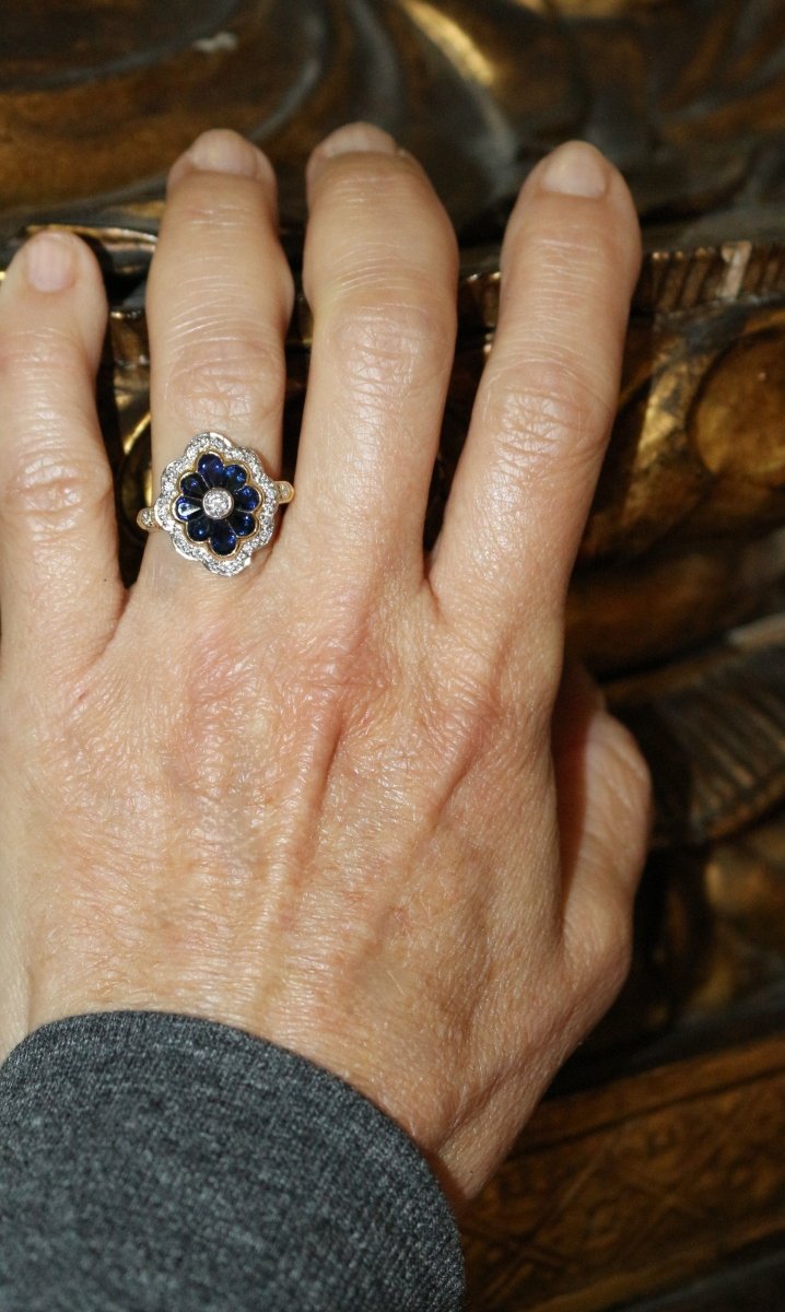 Bague Fleur or jaune saphirs diamants - Castafiore