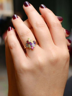 Bague géométrique or jaune améthyste topaze péridot citrine grenat - Castafiore