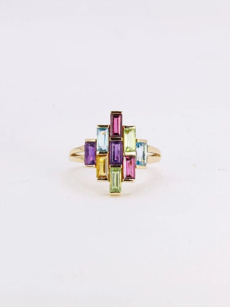 Bague géométrique or jaune améthyste topaze péridot citrine grenat - Castafiore