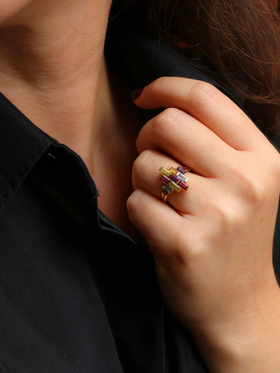 Bague géométrique or jaune améthyste topaze péridot citrine grenat - Castafiore