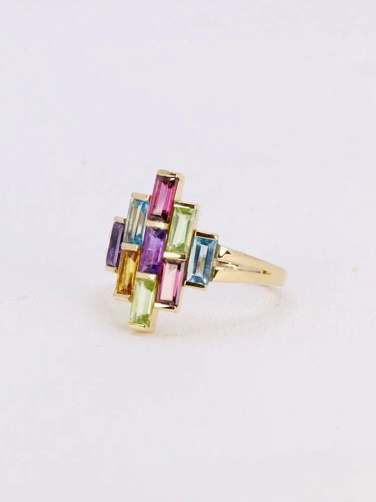 Bague géométrique or jaune améthyste topaze péridot citrine grenat - Castafiore