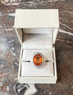 Bague Grenat Spessartite 8 Carats Diamants Or Gris 18 Carats - Castafiore