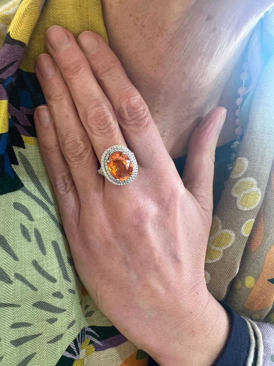 Bague Grenat Spessartite 8 Carats Diamants Or Gris 18 Carats - Castafiore