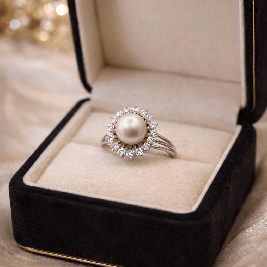 Bague Halo en on blanc, perle, et diamants - Castafiore