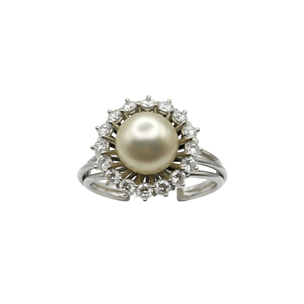 Bague Halo en on blanc, perle, et diamants - Castafiore