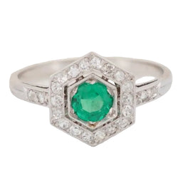 Bague hexagonale en platine, émeraude et diamants - Castafiore