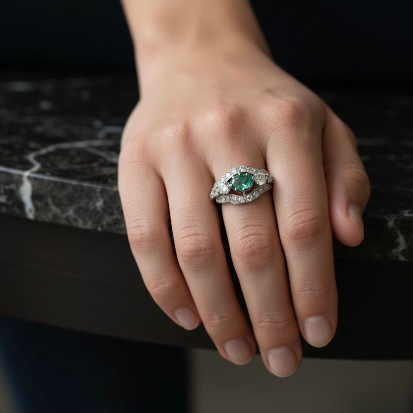 Bague Jarretère en platine, émeraude et diamants - Castafiore