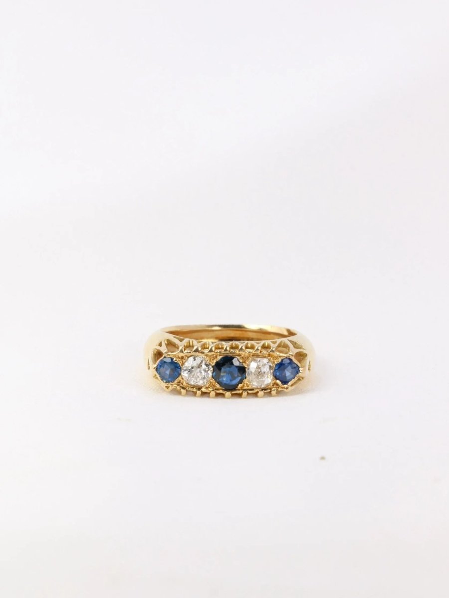 Bague jarretière or jaune saphirs diamants taille ancienne - Castafiore