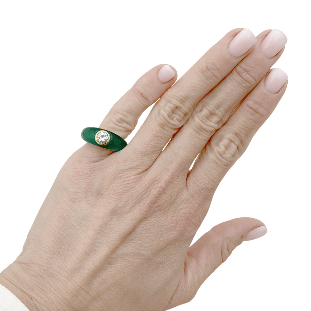 Ring curved rush, yellow gold, chrysoprase and diamond.