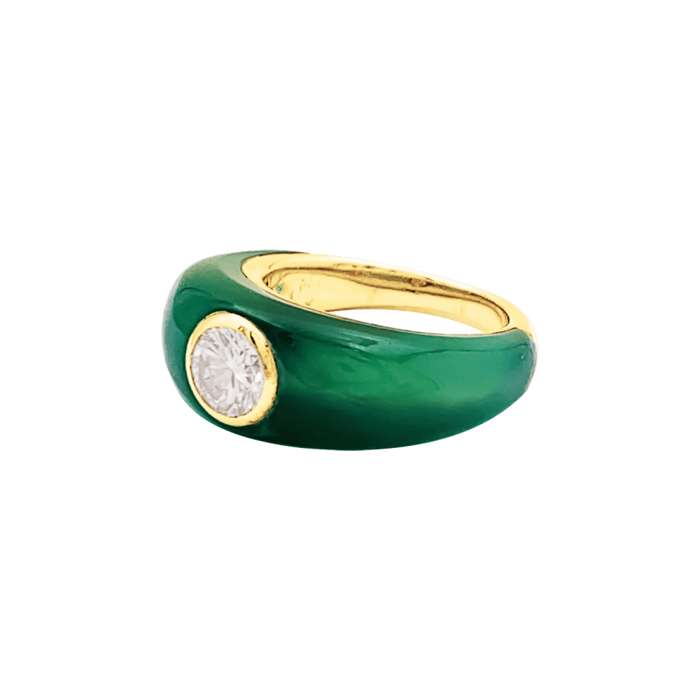 Ring curved rush, yellow gold, chrysoprase and diamond.
