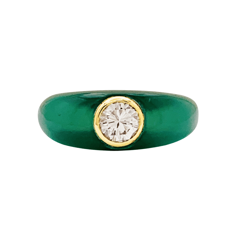 Ring curved rush, yellow gold, chrysoprase and diamond.