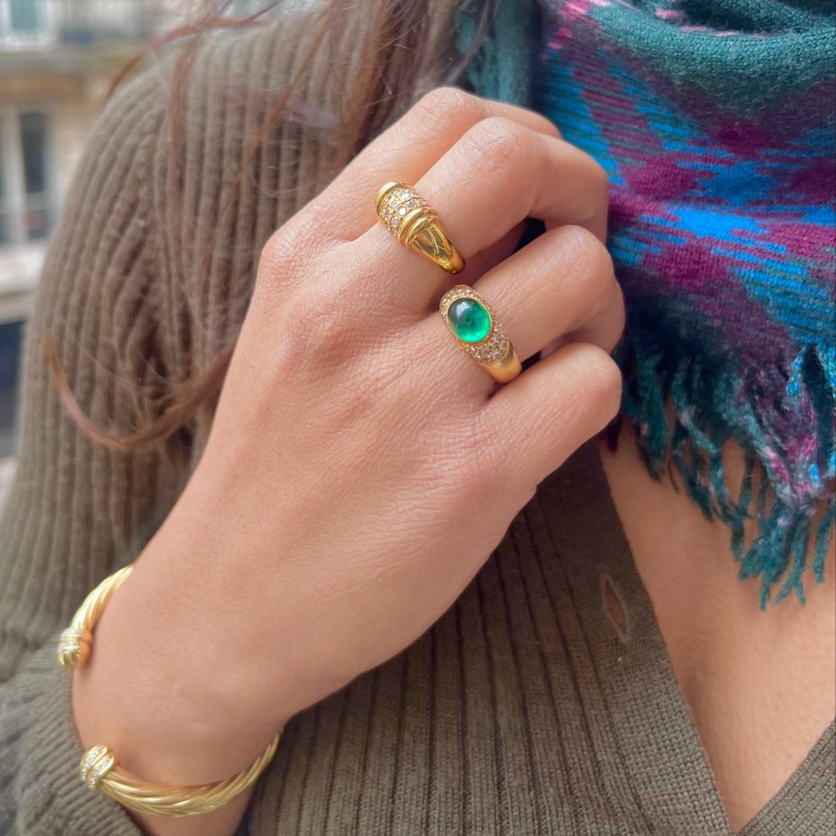 Bague Jonc en or jaune émeraude et diamants - Castafiore