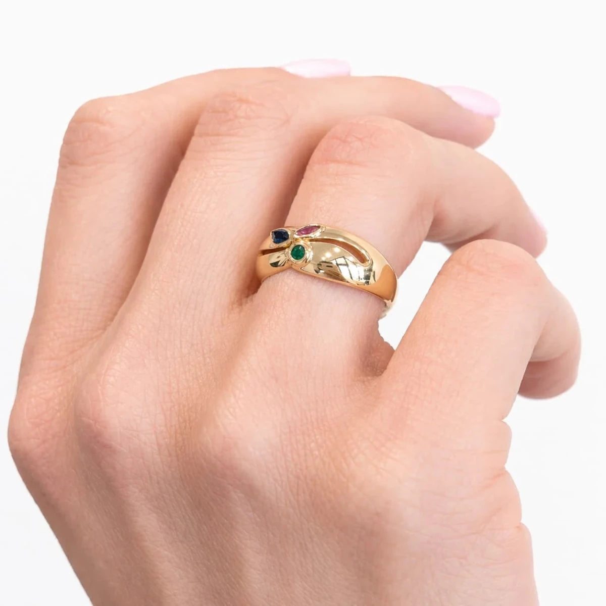 Bague Jonc en or jaune, émeraude, saphir et rubis - Castafiore