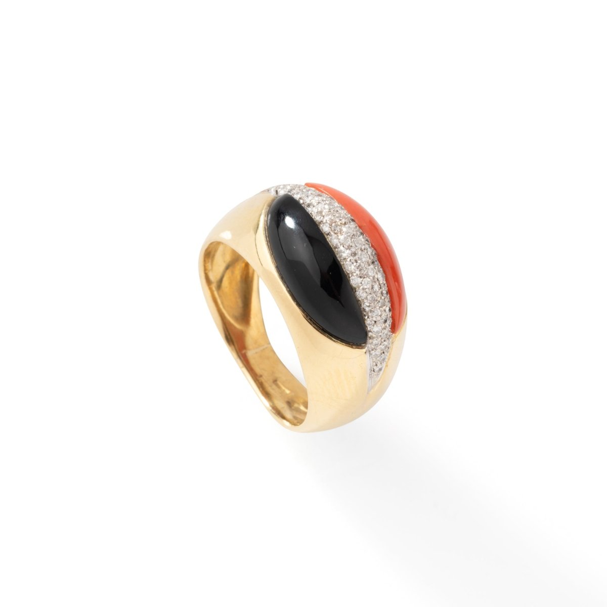 Bague Jonc en or jaune, onyx, corail et diamants - Castafiore