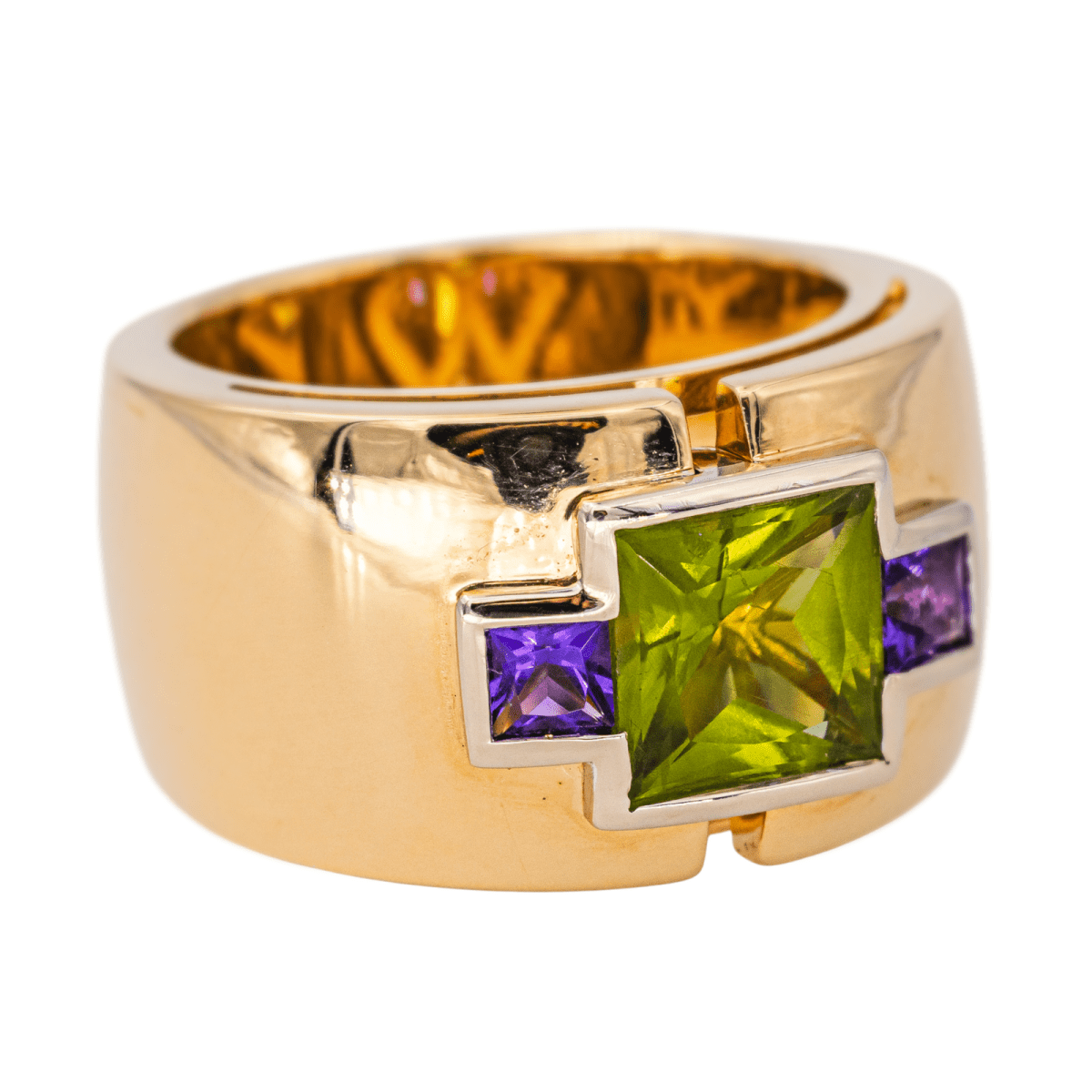 Bague Jonc en or jaune, péridot et améthystes - Castafiore