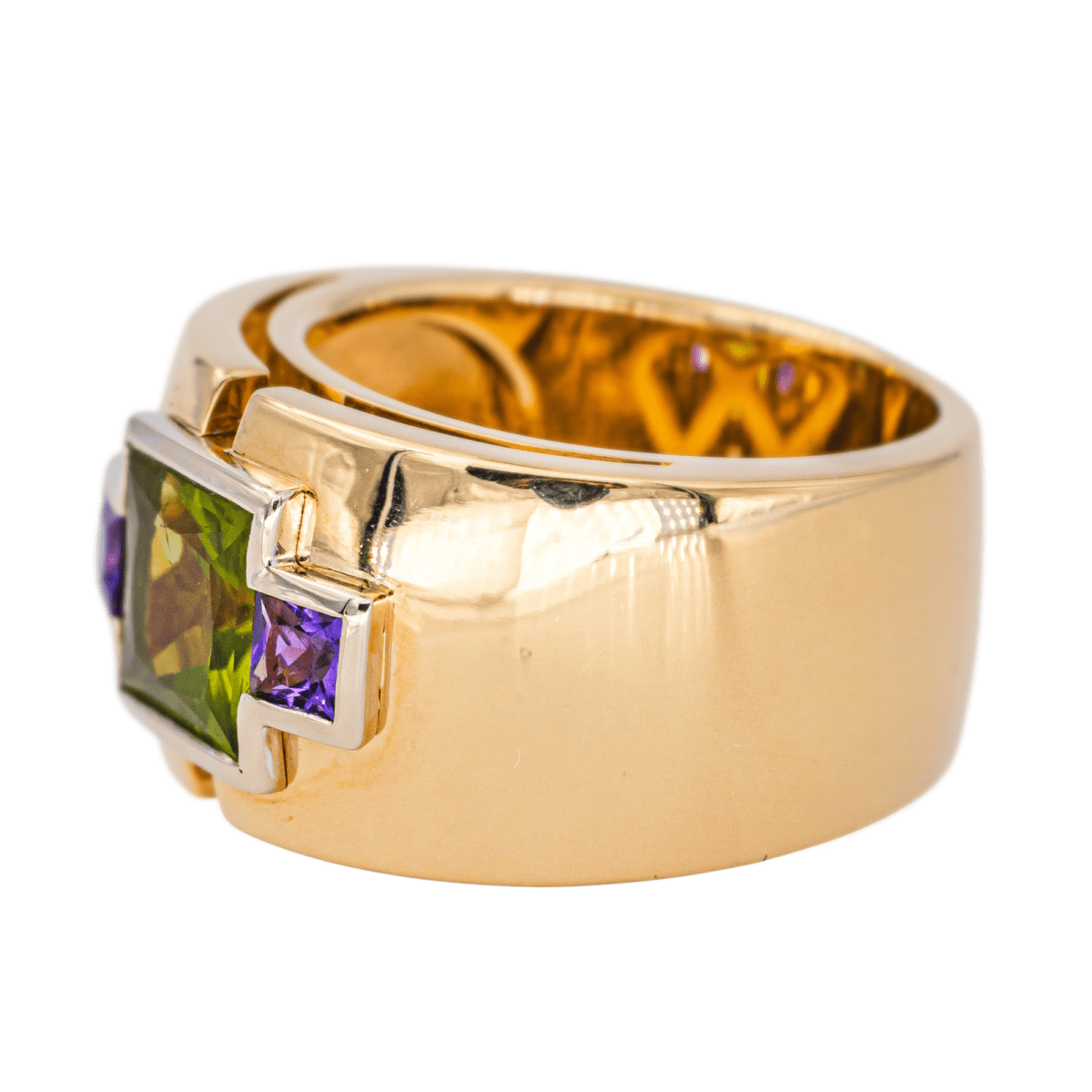 Bague Jonc en or jaune, péridot et améthystes - Castafiore