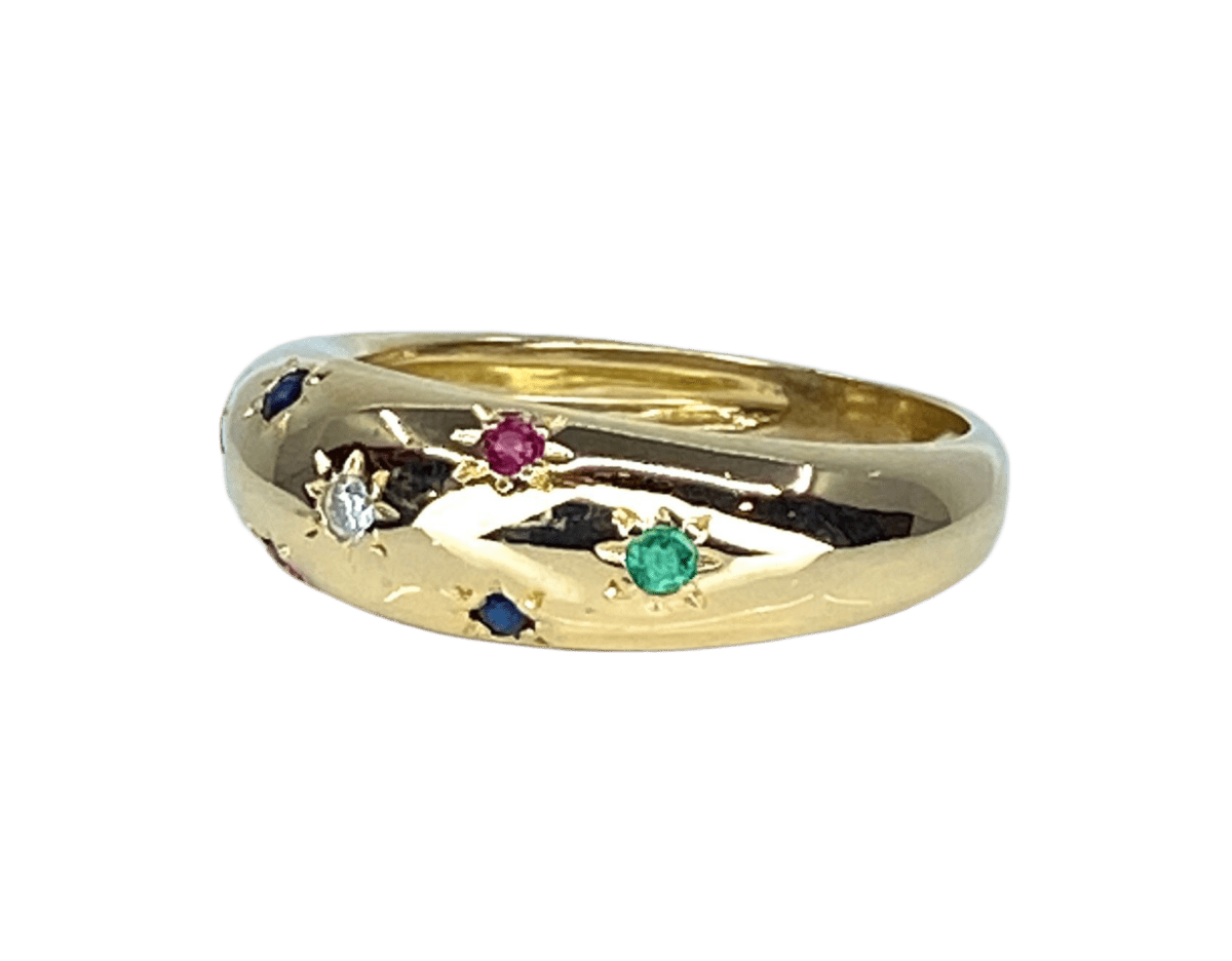 Bague Jonc en or jaune, rubis, émeraudes, saphirs et diamant - Castafiore