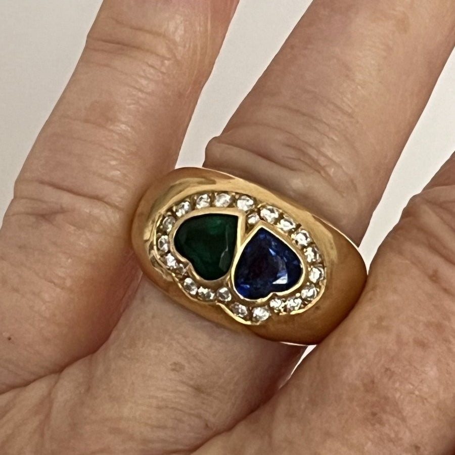 Bague Jonc en or jaune saphir émeraude diamants - Castafiore