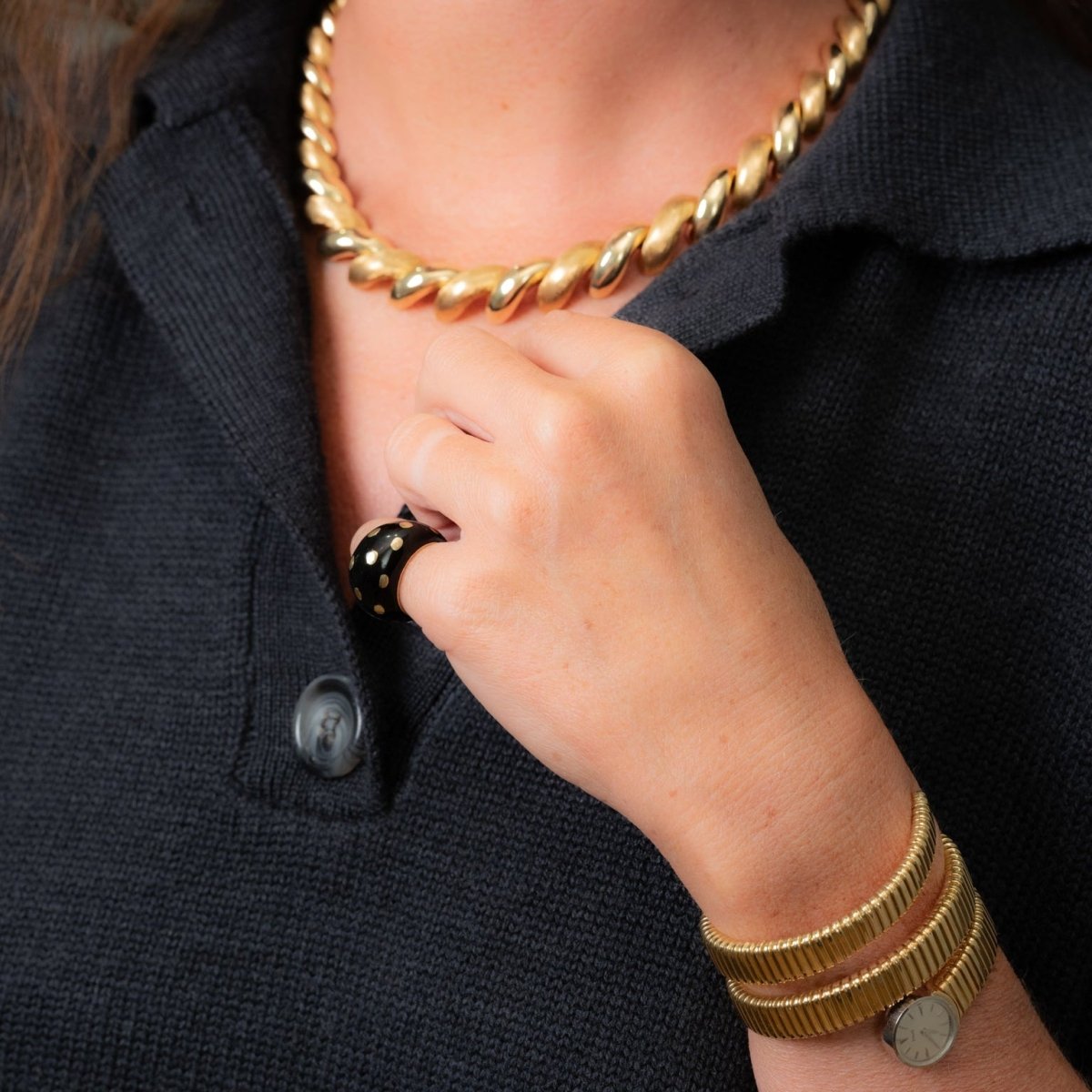 Bague Jonc FRED en or jaune et émail noir - Castafiore