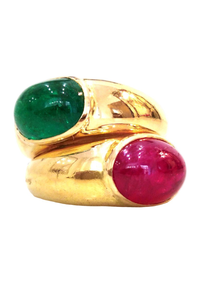 Bague Jonc POIRAY en or jaune, émeraude et rubis - Castafiore
