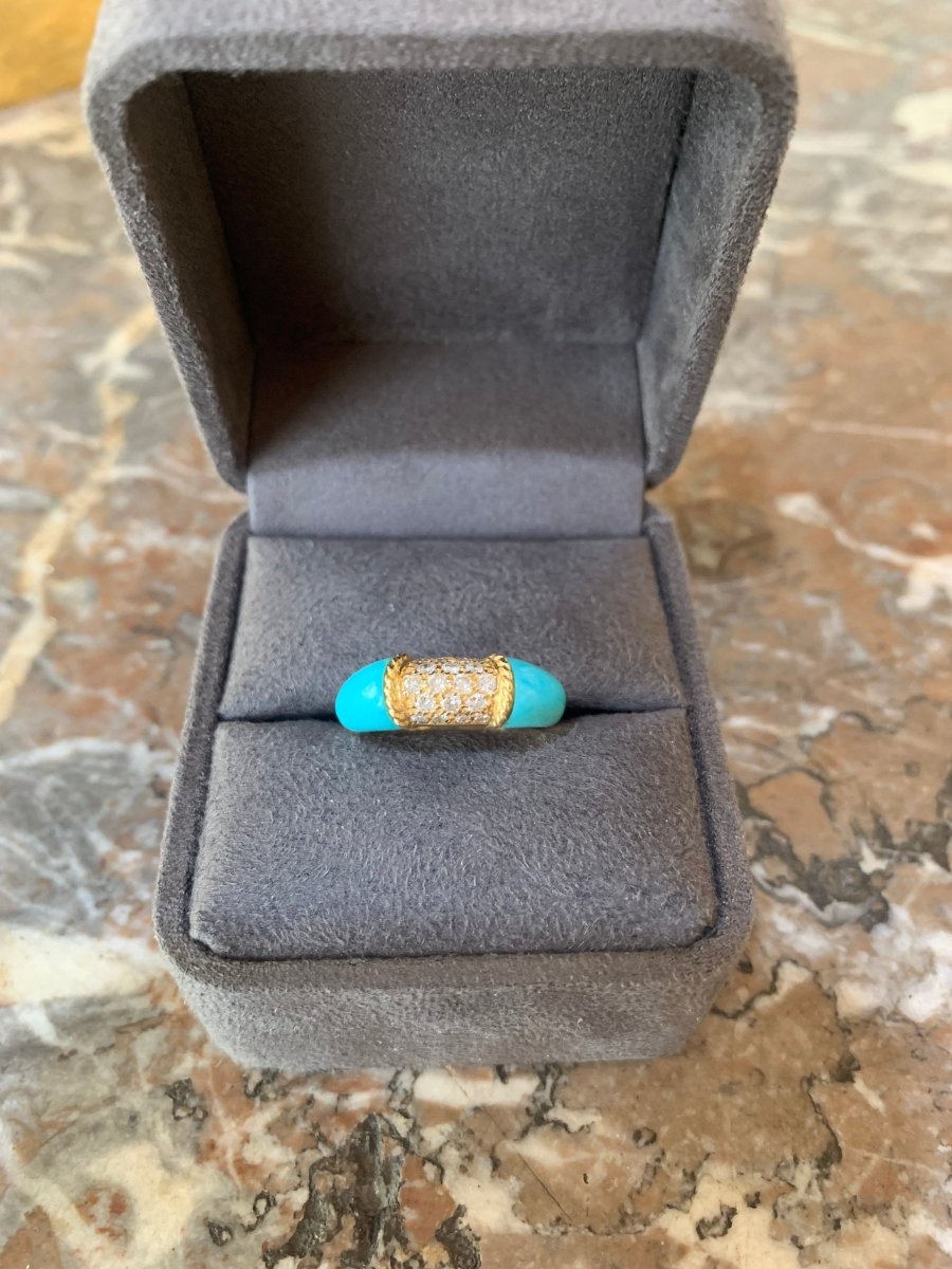 Bague Jonc Turquoise Diamants Or Jaune 18 Carats - Castafiore