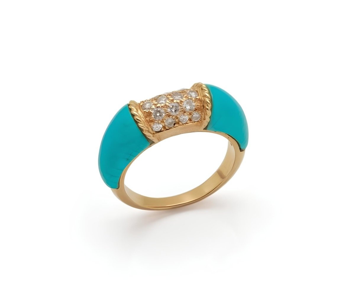 Bague Jonc Turquoise Diamants Or Jaune 18 Carats - Castafiore