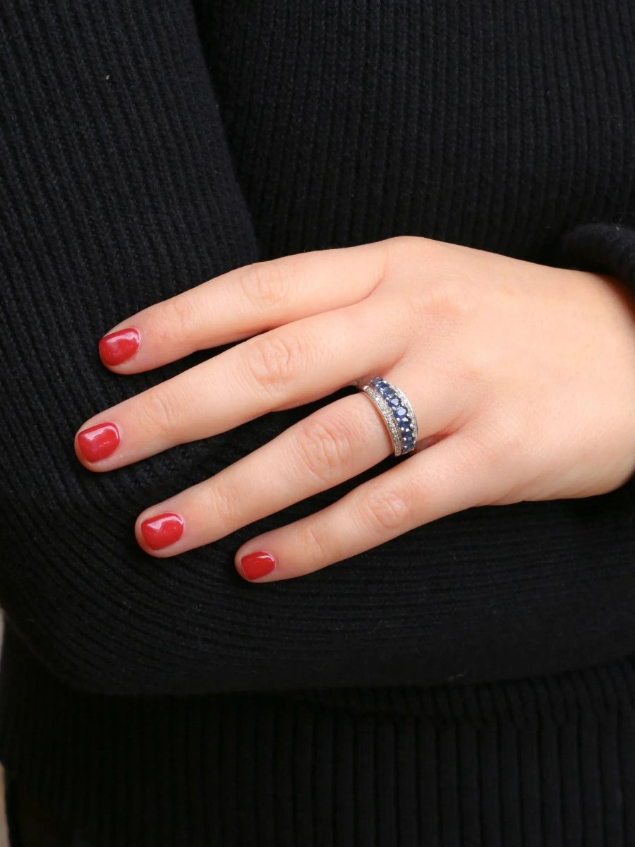 Bague jonc vintage or blanc diamants saphirs ovales - Castafiore