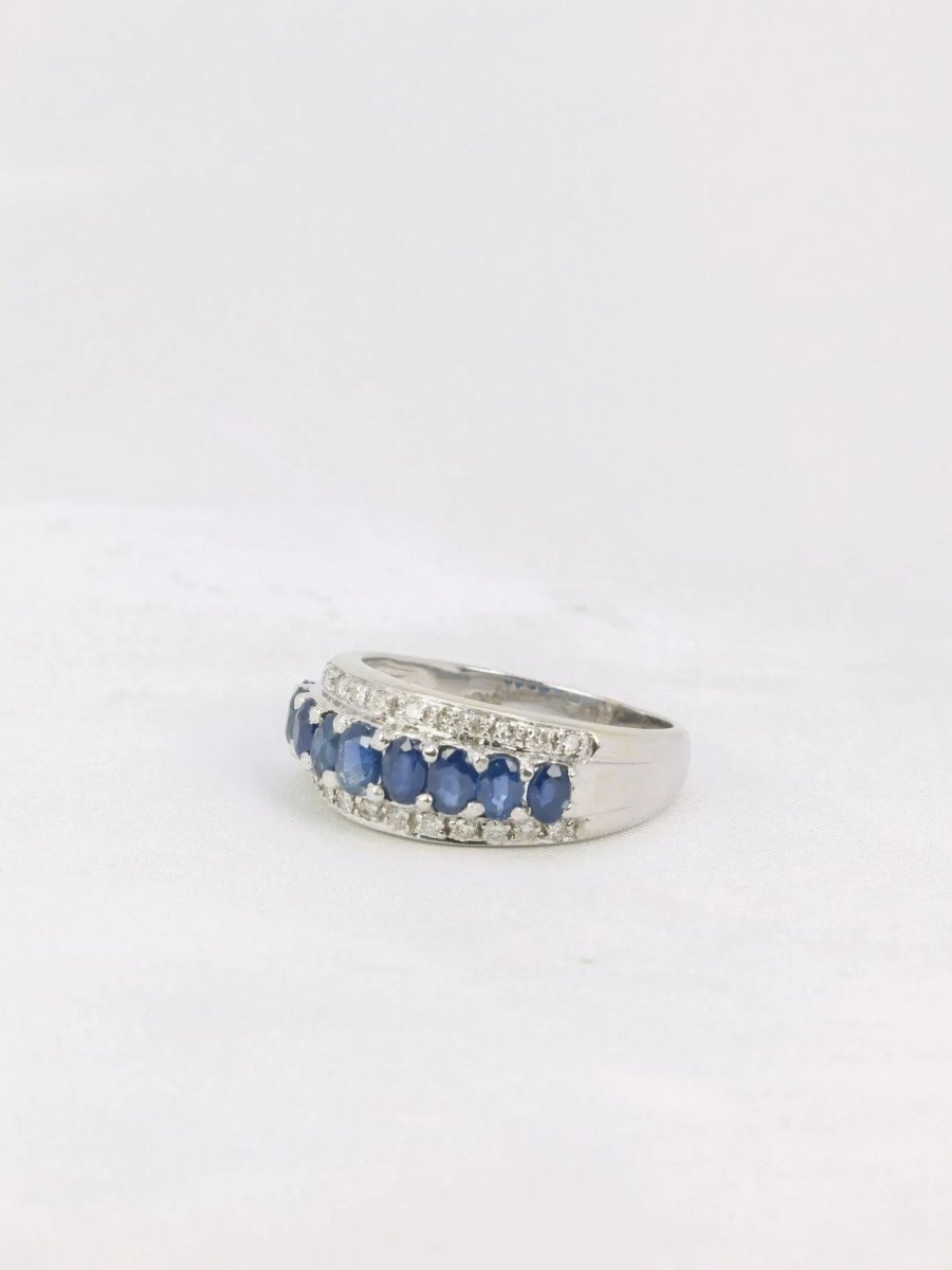 Bague jonc vintage or blanc diamants saphirs ovales - Castafiore