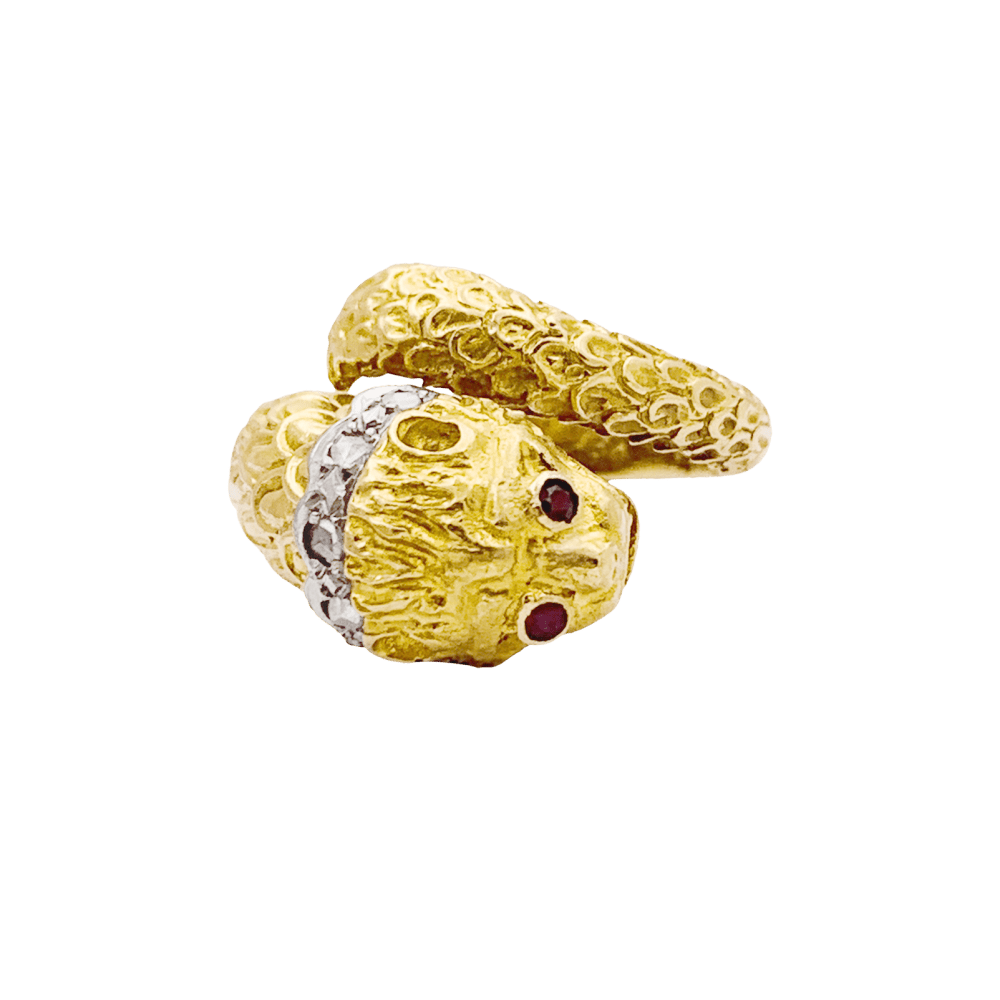 Bague LALAOUNIS "Animal Head" en or jaune, or blanc, rubis et diamants - Castafiore