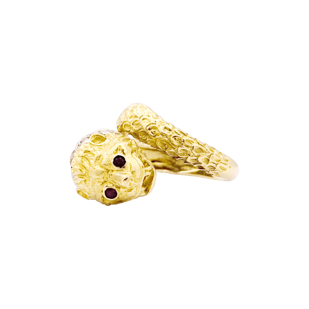 Bague LALAOUNIS "Animal Head" en or jaune, or blanc, rubis et diamants - Castafiore
