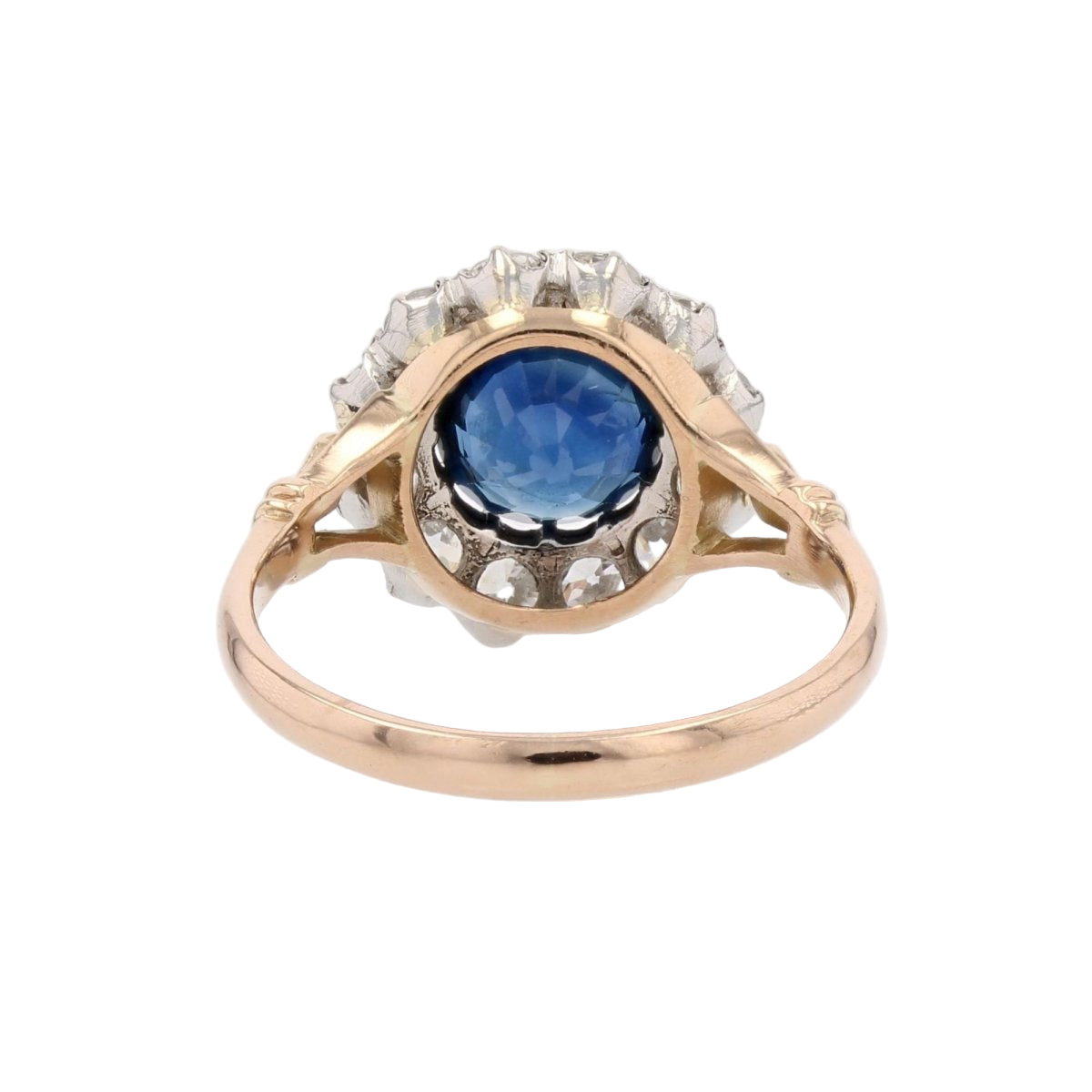 Bague marguerite ancienne en or rose et platine avec saphir et diamants - Castafiore