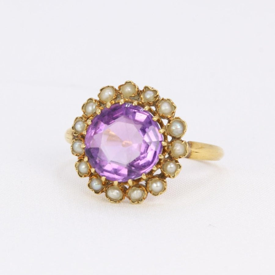 Bague marguerite ancienne or jaune amethyste perles fines - Castafiore