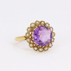 Bague marguerite ancienne or jaune amethyste perles fines - Castafiore