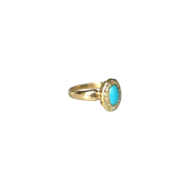 Bague Marguerite Ancienne Turquoise Diamants Or Jaune - Castafiore