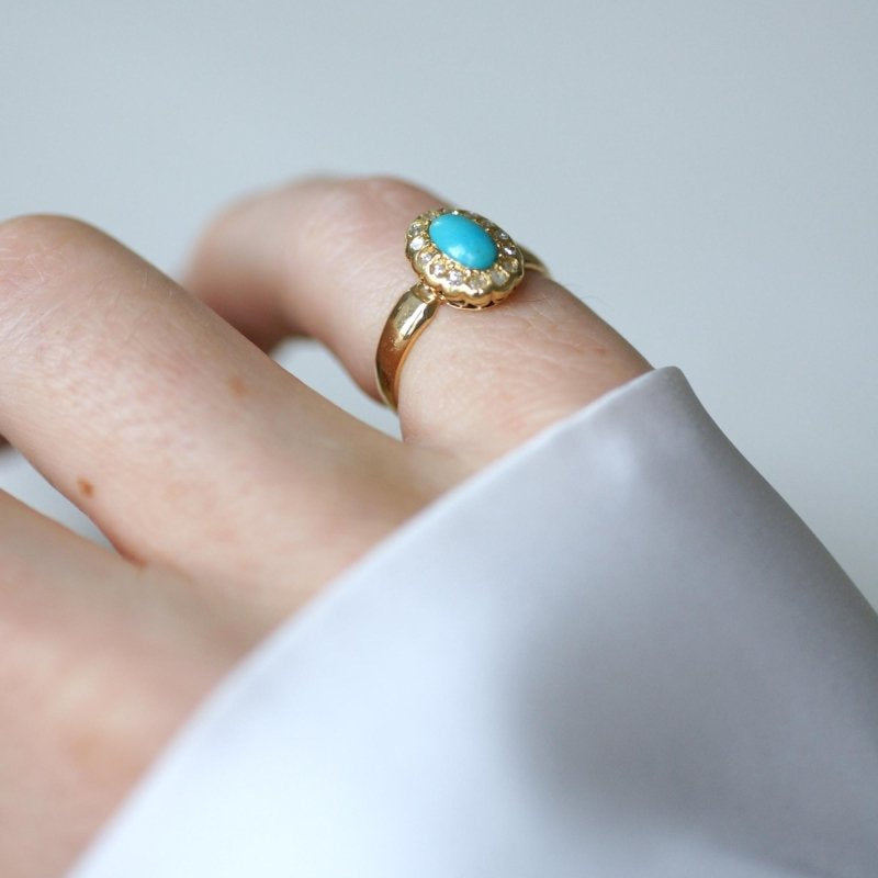 Bague Marguerite Ancienne Turquoise Diamants Or Jaune - Castafiore
