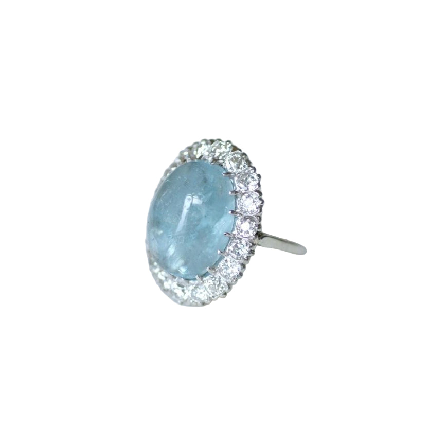 Bague Marguerite Cabochon Aigue Marine et Diamants - Castafiore